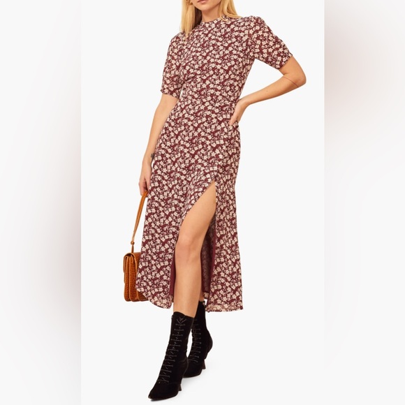 Reformation Gio Ditsy Floral Midi Dress Burgundy White Floral Slit Size 10 - Picture 1 of 13